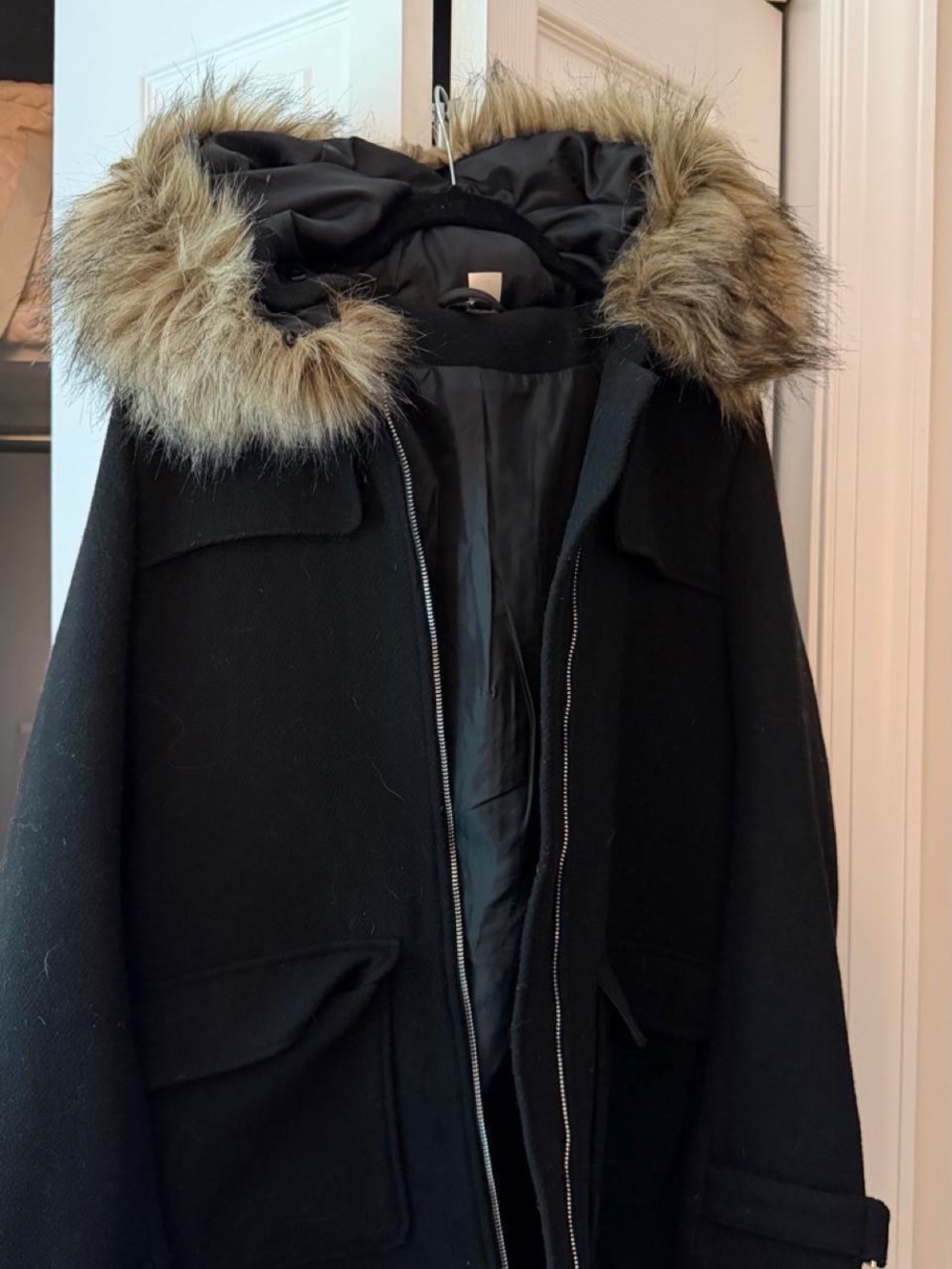 H&M Black Trench Coat with Faux-Fur Hood Trim